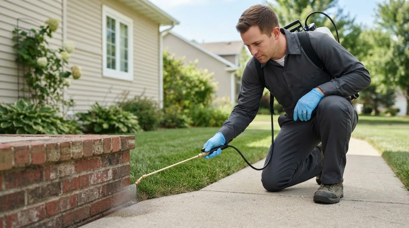 Pest control technician treating a home near High Rolls Mountain Park, NM